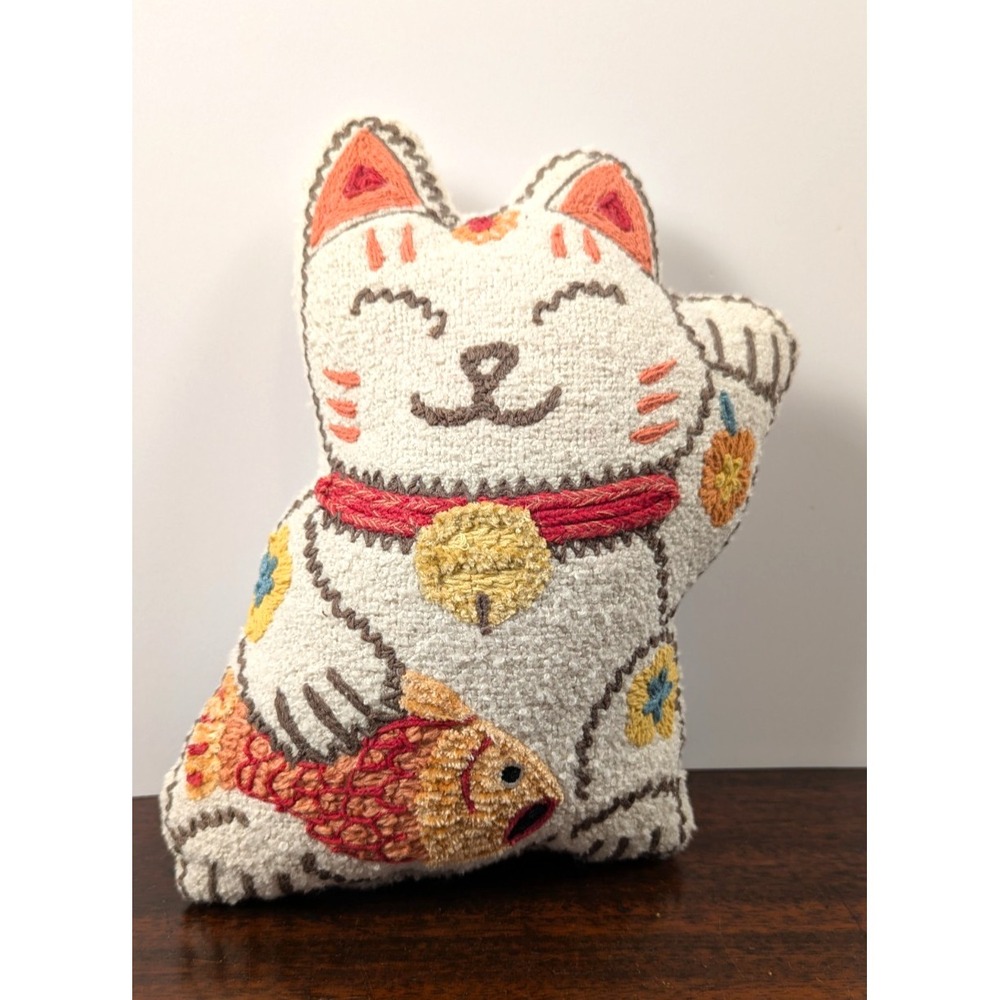 World‎ Market Lucky Maneki Neko Cat Throw Pillow Embroidered Fish Bell White 12"